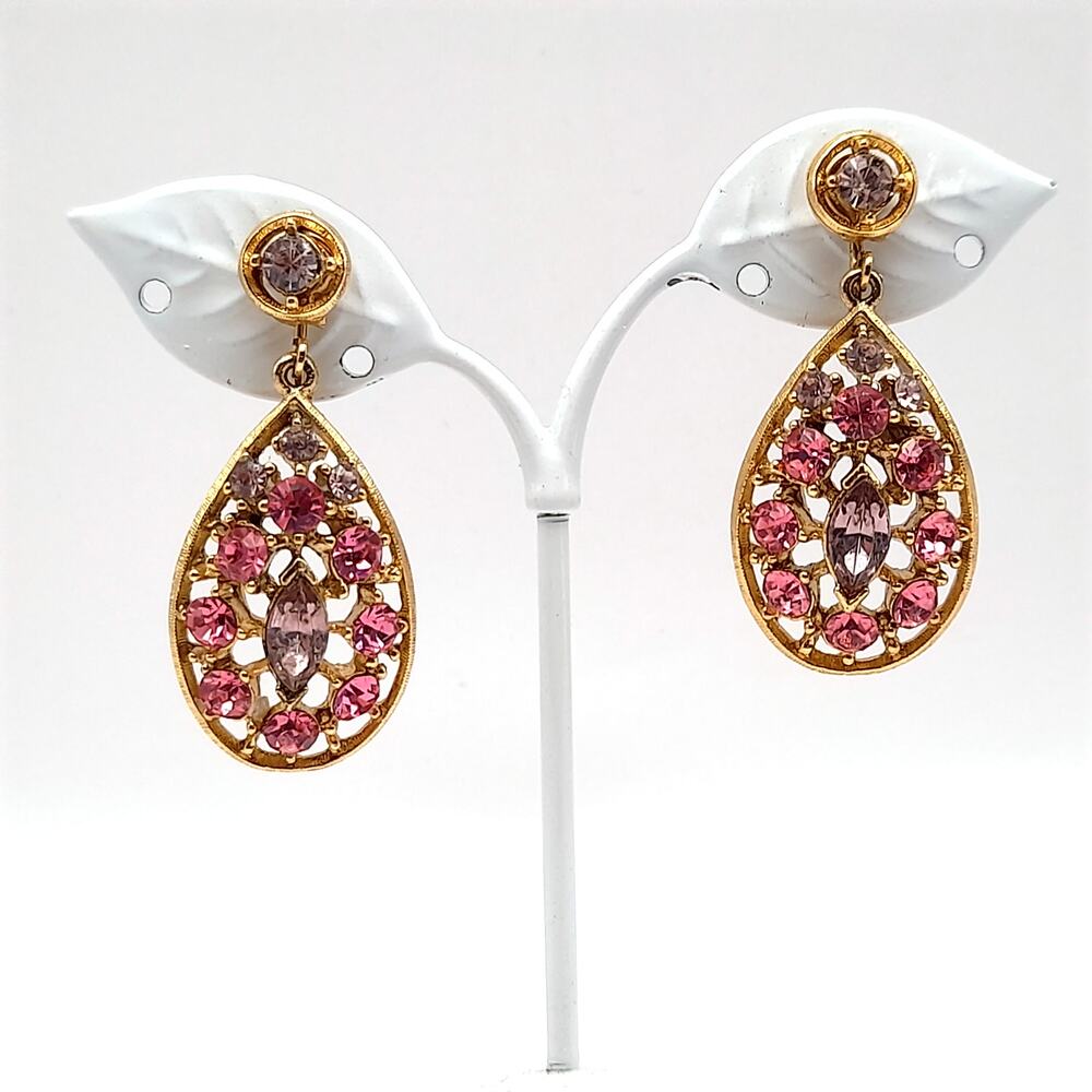 Vintage Pink & Lavender Rhinestone Dangle Clip Earrings